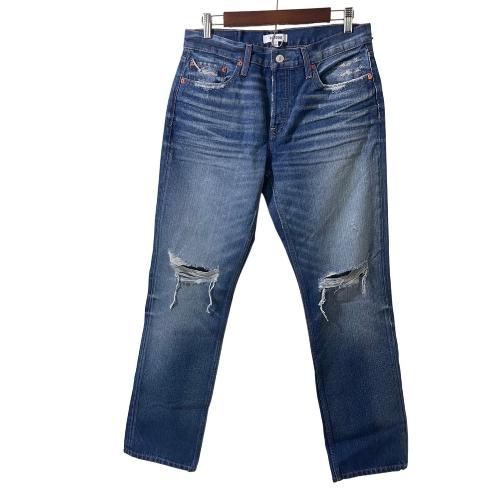 RE/DONE Easy Straight Jeans Indigo Grind‎ Destroy Distressed Mid Rise 28 NEW